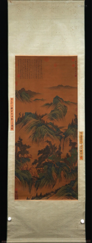 A CHINESE SILK PAINTING OF FIGURES AMONG LANDSCAPE