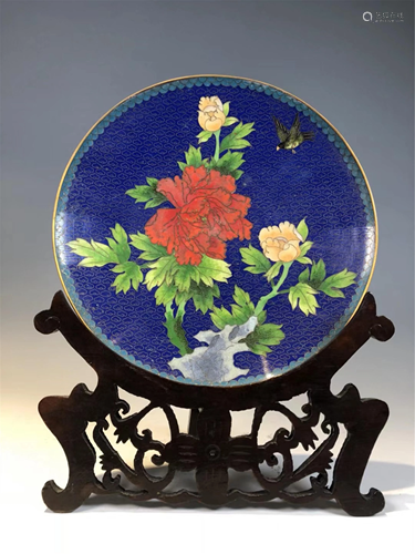 A BLUE GROUND CLOISONNE 'FLOWERS AND BIRD' PLATE