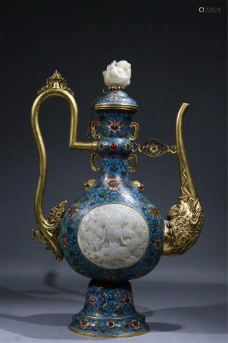 A CLOISONNE DRAGON WINE POT INLAID WITH JADE