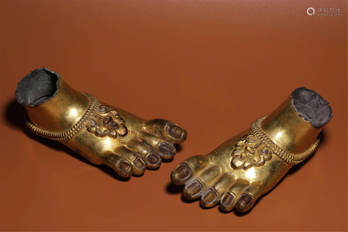 PAIR OF BRONZE GILT BUDDHA'S FEET