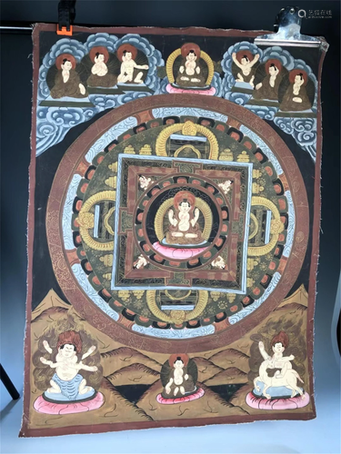 A HAND-PAINTED THANGKA OF BUDDHAS