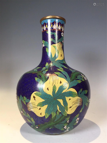 A BLUE GROUND CLOISONNE PEACHES GLOBULAR VASE