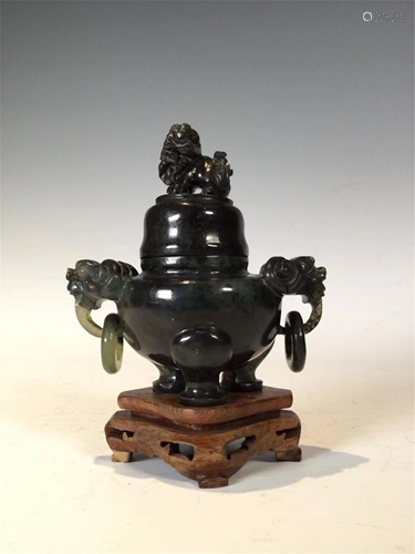 A JASPER CARVED TRIPOD CENSER WITH BEAST HANDLES