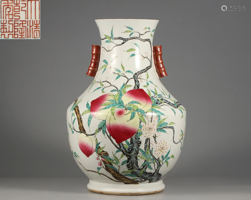 A Famille Rose Peaches Vase Qing Dynasty