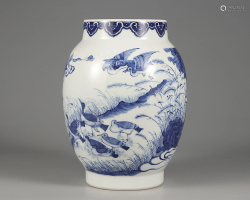 A Blue and White Wild Gooses Jar Qing Dynasty