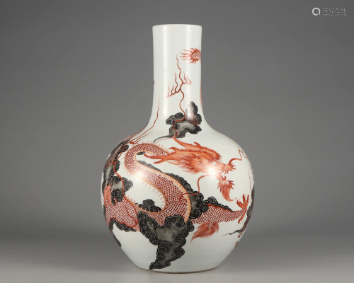 A Grisaille Glazed and Iron Red Globular Vase Qing