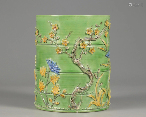 A Famille Verte Biscuit Brushpot Qing Dynasty