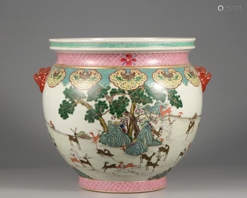 A Famille Rose Deers Jardiniere Qing Dynasty