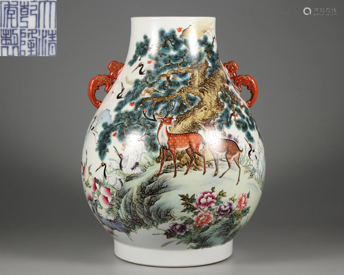 A Famille Rose Deers Zun Vase Qing Dynasty