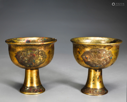 Pair Bronze Gilt Steam Cup Tang Dynasty