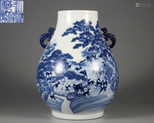 A Blue and White Hundred Deers Zun Vase Qianlong Period