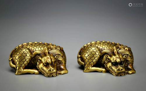 Pair Gilt-Bronze Beasts Qing Dynasty