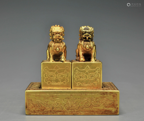 Pair Gilt-Bronze Beasts Seals Qing Dynasty