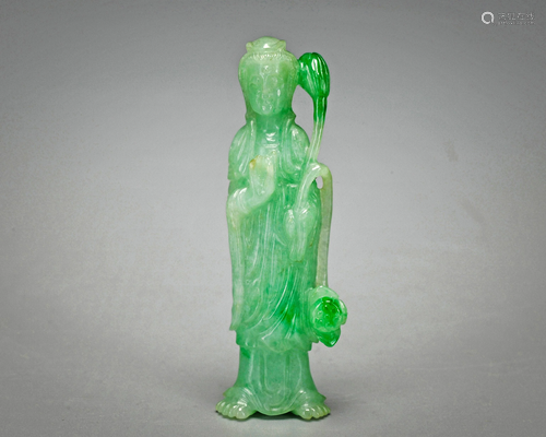 A Carved Jadeite Standing Guanyin Qing Dynasty