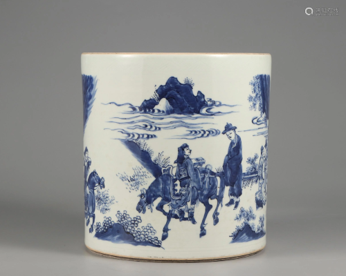 A Blue and White Figural Story Brushpot Qing Dynasty
