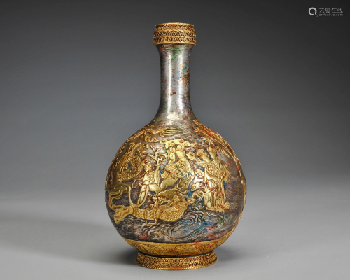 A Bronze Partly Gilt Bottle Vase Qing Dynasty