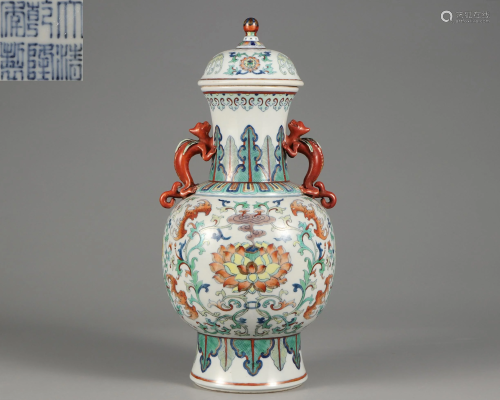A Doucai Glazed Vase with Double Handles Qing Dynasty