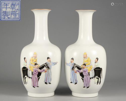 Pair Famille Rose Figural Vases Qing Dynasty