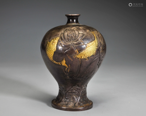 A Bronze Partly Gilt Vase Meiping Qing Dynasty