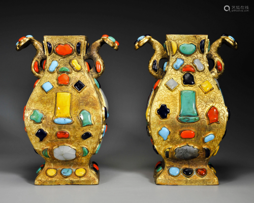 Pair Hard-stones Inlaid Gilt-bronze Vases Qing Dynasty