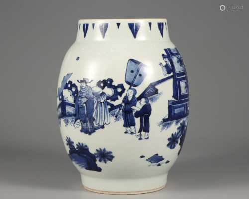 A Blue and White Figural Story Jar Qing Dynasty