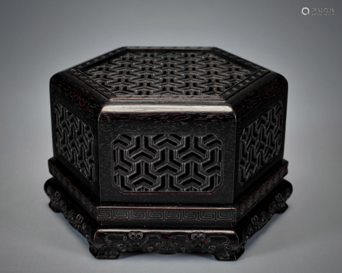 A Carved Rosewood Hexagonal Box Qing Dynasty