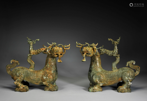 Pair Bronze Mythical Beasts Han Dynasty
