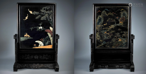 A Hardstones Inlaid Rosewood Table Screen Qing Dynasty