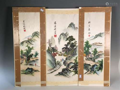 THREE HUNAN EMBROIDERIES OF LANDSCAPE AND FIGURES