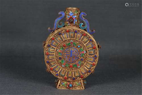 A HARD-STONES INLAID GILT SILVER MOON FLASK