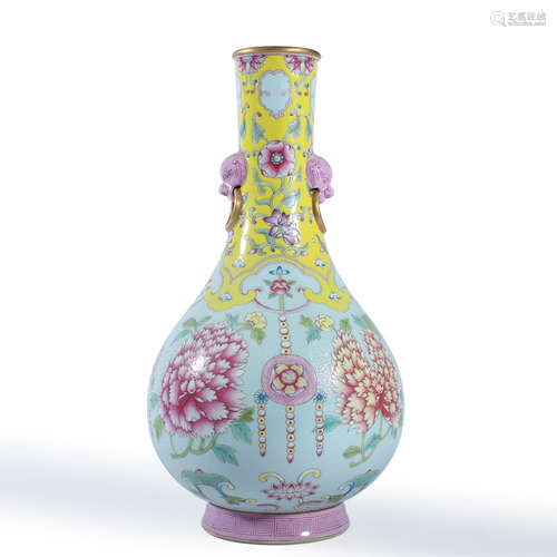 A Yangcai Flower Double-Eared Vase