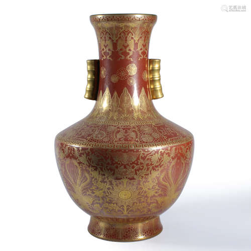 A Gilt Decorated Coral Red Glaze Vase