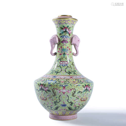 A Yangcai Lotus Double-Eared Vase