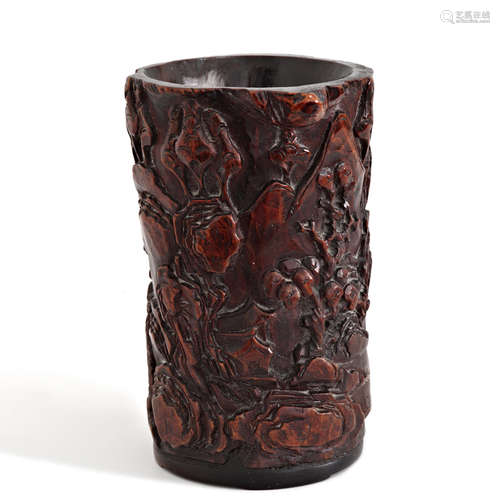 A Carved Boxwood Landscape Brush Pot