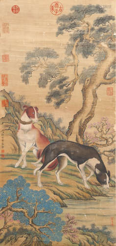 Lang Shining  Hounds And Pine Painting Scroll