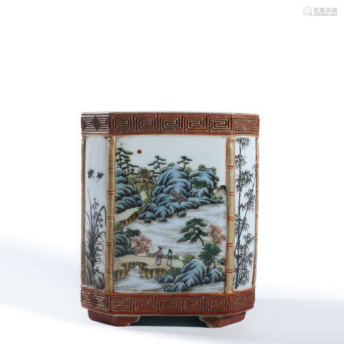 A Famille Rose Landscape Brush Pot