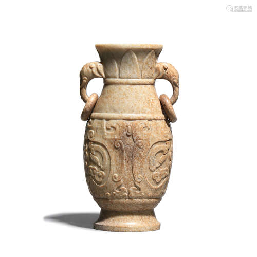 A Carved White Jade Double Loop-Handle Vase