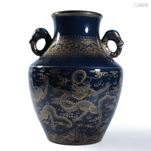 A Gilt Decorated Blue Glaze Dragon Zun Vase