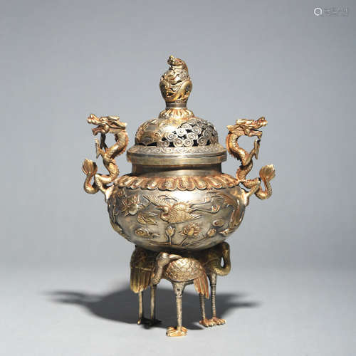 A Gilt Bronze Dragon Tripod Censer