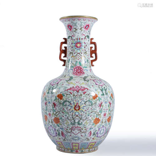 A Yangcai Lotus Double-Eared Vase