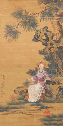 Lang Shining  Figure And Pine Painting Scroll