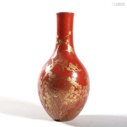 A Coral-Red Glaze Flower And Bird Vase