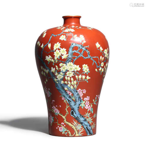 A Red Ground Plum Blossom Meiping Vase