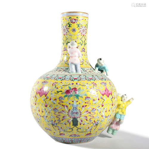 A Famille Rose Flower Kids Tianqiuping Vase