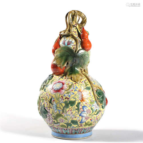 A Yangcai Lotus Double-Gourd-Shaped Vase