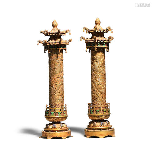 A Pair Of Gilt Bronze Dragon Pagoda