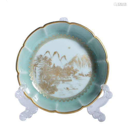 A Celadon Glaze Landscape Foliated-Edge Washer