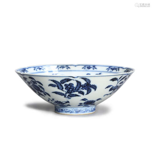 A Blue And White Lobed Floral Bowl