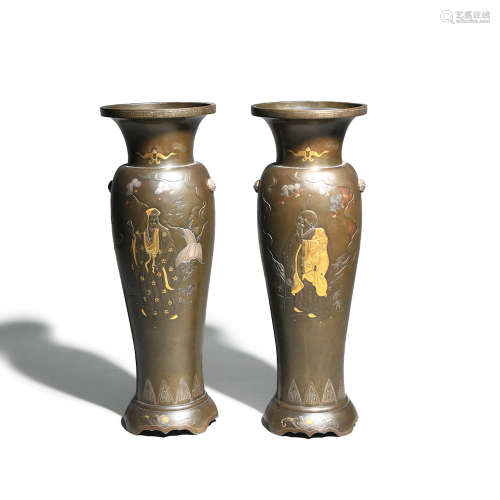A Pair Of Gold And Silver Inlaying Bronze Arhat Vases