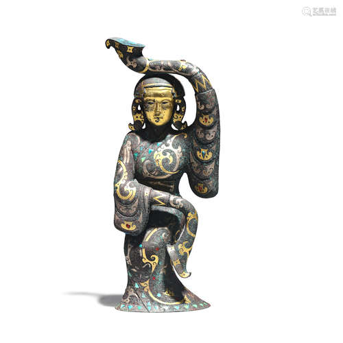 A Gold And Silver Inlaying Bronze Attendant